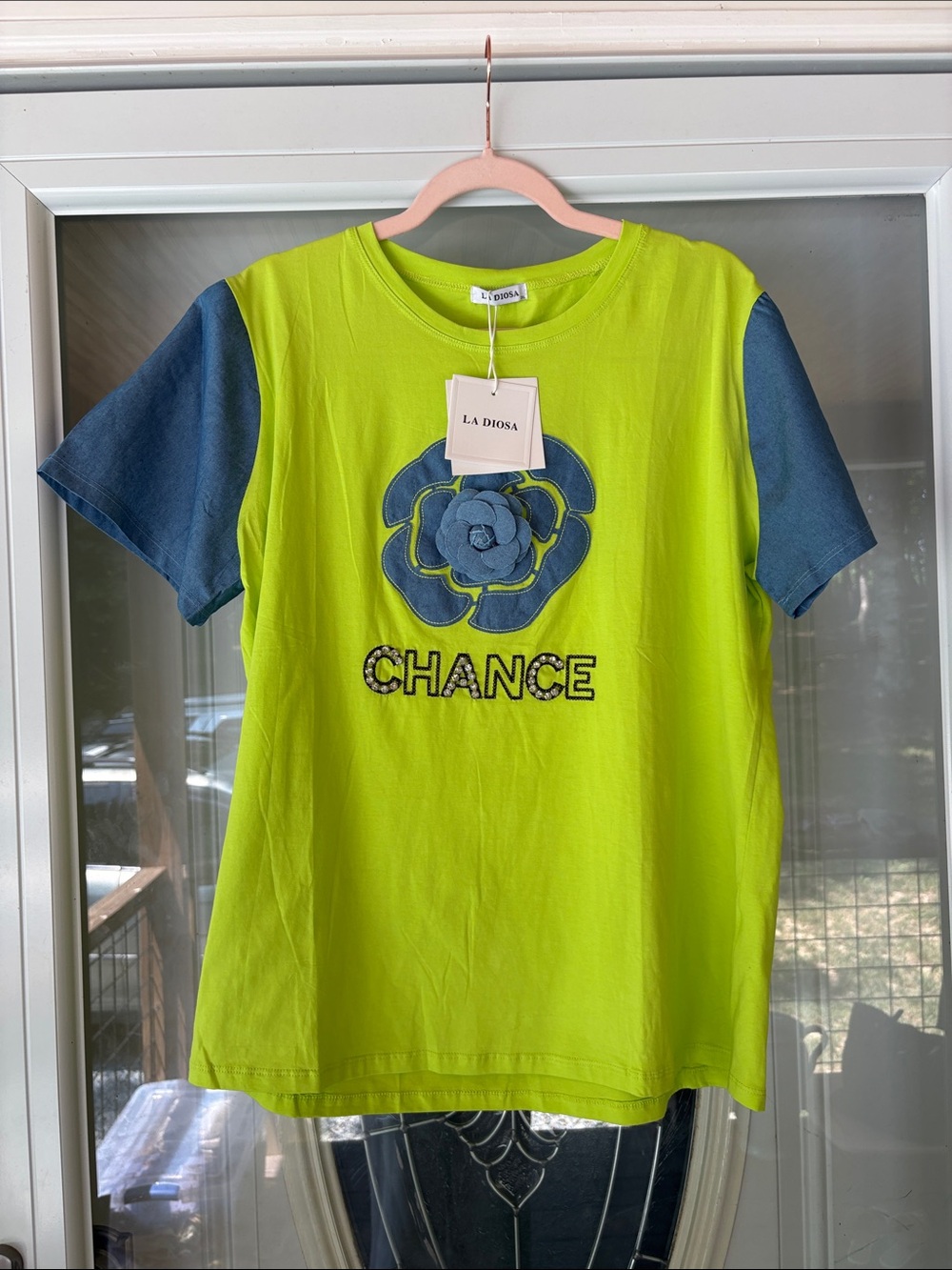 NWT Chance Short Sleeve Tee in Neon Green/Yellow with Blue Sleeves